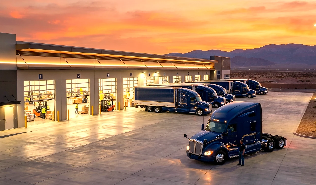 A logistics terminal at dusk: numbered dock doors with forklifts working inside, tractor-trailers backed in, more units queued on the apron.