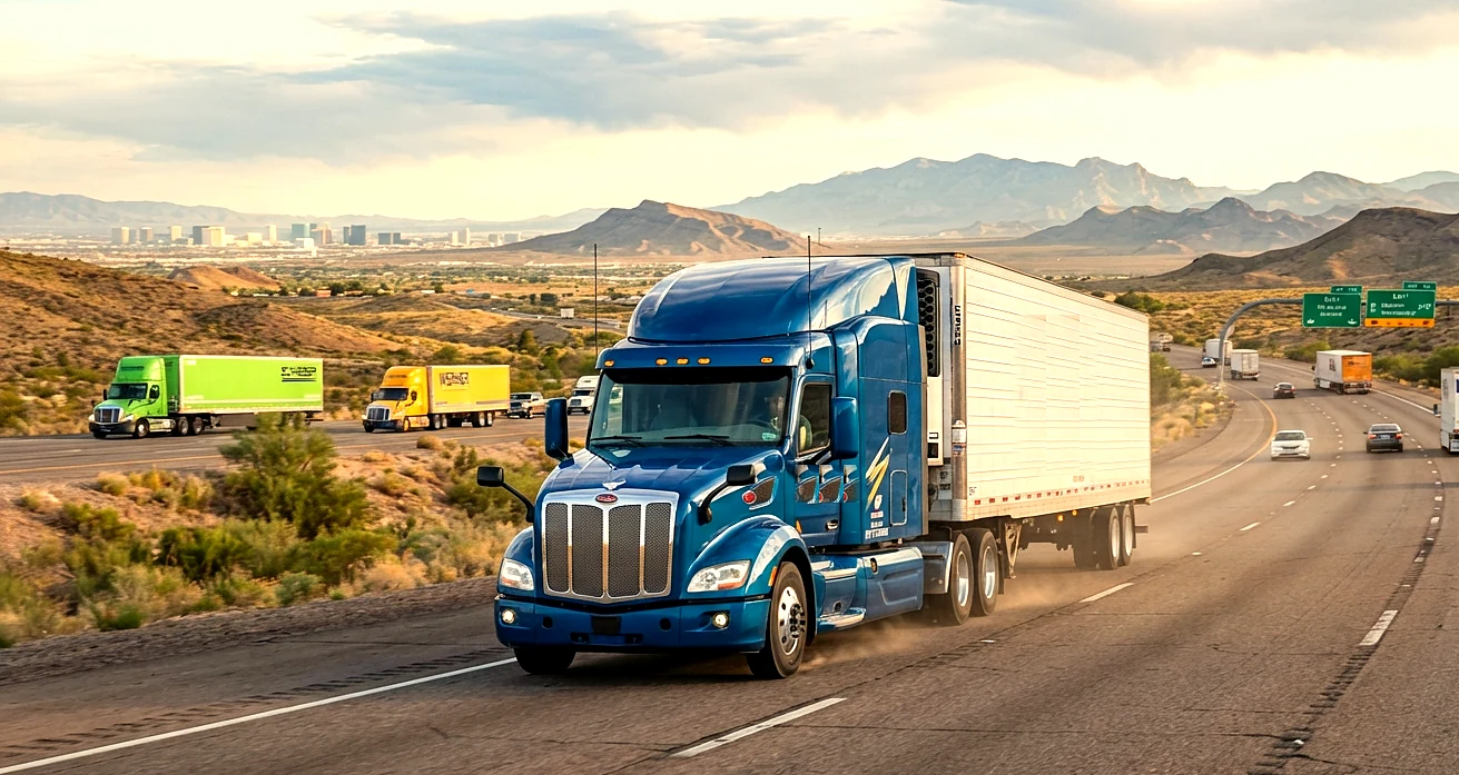 A tractor-trailer running an interstate at dusk, other trucks spread along the lanes behind it.